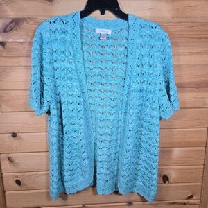 Cj Banks Cardigan Sweater Open Front Short Sleeve Open Knit Womens 1X Mint Green